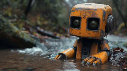Forsaken Robot by a Stream in a Rainy Forest