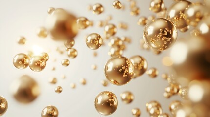 Golden spheres on white background. Abstract illustration, flying golden balls, metallic gold beads, round and shiny objects, wallpaper, pearls, metal balls. Generated by artificial intelligence.