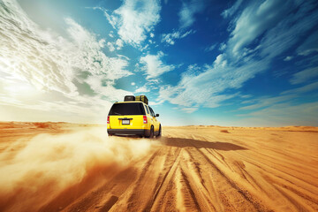 Fototapeta premium A yellow SUV kicks up a trail of sand as it races across the desert, under a vast blue sky with of white clouds. Concept travel and exploration, traveling solo, recharge, vacation, off road trip.