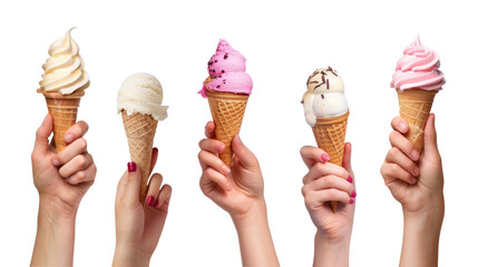 Set of Hands holding ice cream cone on transparent background. - obrazy, fototapety, plakaty