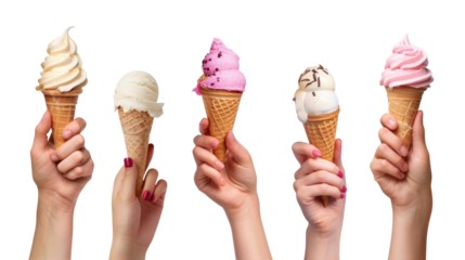 Set of Hands holding ice cream cone on transparent background.