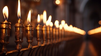 Low angle of candles lit in row flame, in orthodox church
