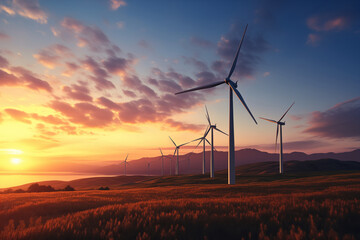 Obraz premium Wind turbines for the production of ecologically clean renewable energy electricity at sunset AI Generation