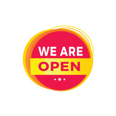 We are open red label icon for announcement, advertising, vector. Flat design template for banner.