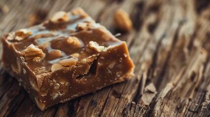 A piece of caramel nut fudge on a rustic wooden surface with rich, savory textures. - obrazy, fototapety, plakaty