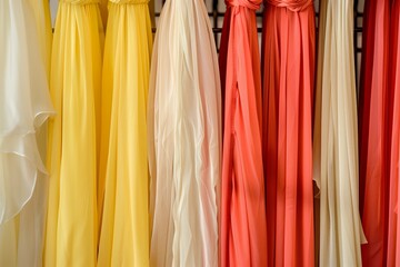 silk and chiffon dresses side by side on a steel rack