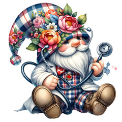 Obraz na płótnie Canvas Floral Nurse gnome with stethoscope & shot with a hat covering his face isolated and cut-out on Nurse elements background