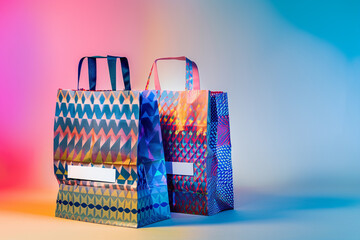Shopping bags with a geometric pattern, set against a gradient backdrop for a contemporary look, - obrazy, fototapety, plakaty
