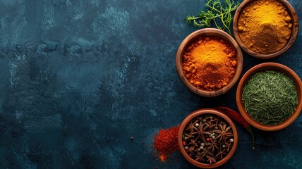 Various spices in bowls on a dark, textured blue background, emphasizing rich colors and culinary ingredients.