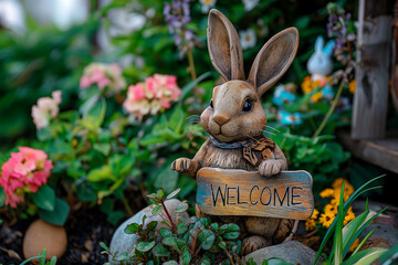 Welcoming Easter Bunny Garden Statue - obrazy, fototapety, plakaty