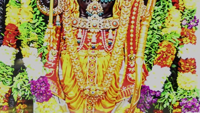 hindu god lord rama from Ramayana black stone statue from flat angle in details