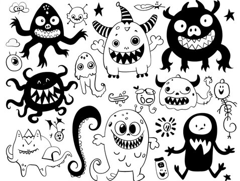 Doodle ink outline cartoon drawing on the theme of a cute little monster. Characters suitable for small children.
