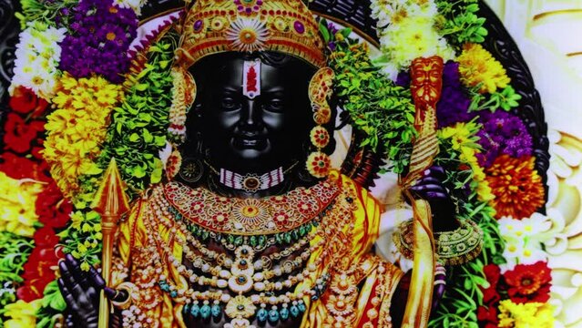 hindu god lord rama from Ramayana black stone statue from flat angle in details