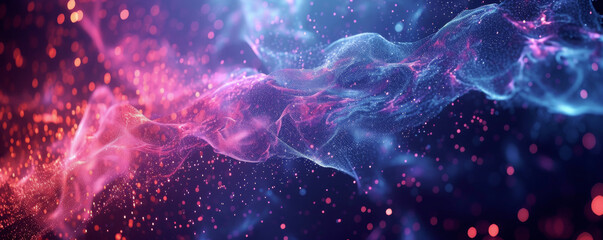 Abstract digital background. Swirling abstract wave composed of numerous particles in shades of pink and blue, against dark background with bokeh effect. Connectivity, data flow, digital networks - obrazy, fototapety, plakaty