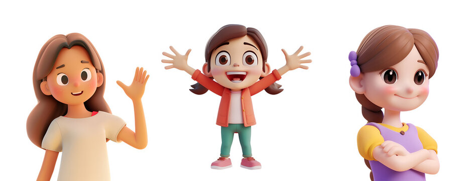 Set of Cute Female Characters Demonstrating Hand Movements in 3D Cartoon Renderings, Isolated on Transparent Background, PNG