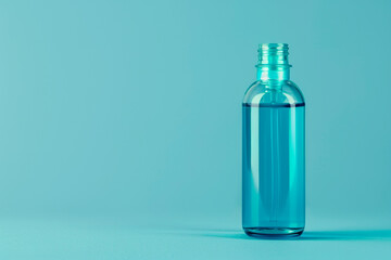Skincare product bottle with an elegant shape on a bright cyan isolated solid background, showcasing design purity, - obrazy, fototapety, plakaty