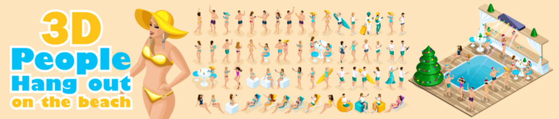 Large set of isometric, 3D people on vacation, girls in swimsuits, pool party, sun, beach, sea. beach bar with pool for parties. For vector illustration