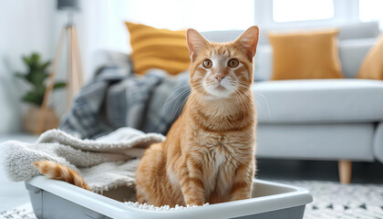 Cute ginger cat sitting in plastic litter box on white floor at white home - obrazy, fototapety, plakaty