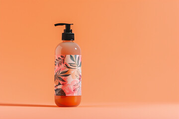 Skincare product bottle with a vibrant, textured design against a soft peach isolated solid background, creating a warm and inviting feel,