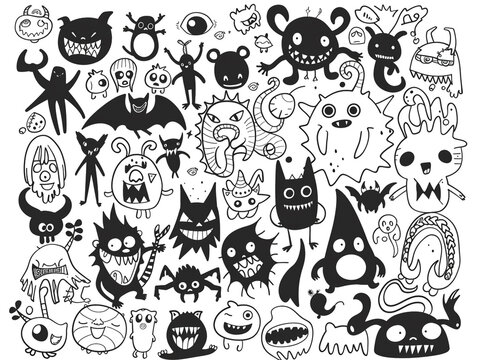 Doodle ink outline cartoon drawing on the theme of a cute little monster. Characters suitable for small children.
