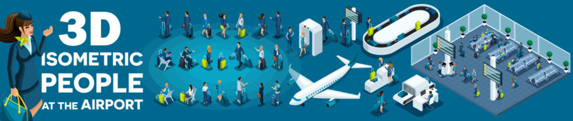 Large set of isometric, 3D people at the airport, businessmen with suitcases, and travelers with bags for flights. Airport Premises