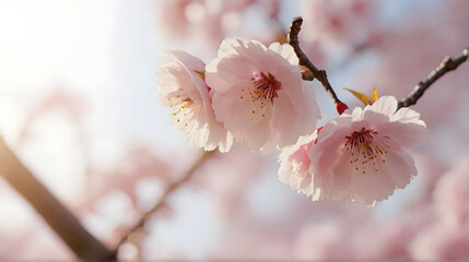 Pink cherry blossoms bloom on a tree branch in spring, showcasing the beauty of nature with its delicate pink petals