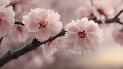 Pink cherry blossoms bloom on a tree branch in spring, showcasing the beauty of nature with its...