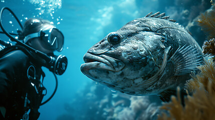 Ridiculously funny picture of a fish appearing to engage in a deep conversation with a plastic scuba diver decoration