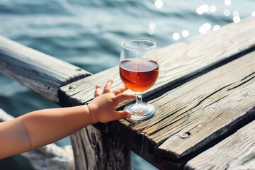 childs hand reaching for nonalcoholic wine glass on pier - obrazy, fototapety, plakaty