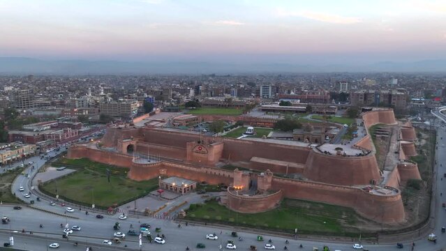 Aerial Video of Bala Hisar Fort and Traffic in Peshawar Pakistan, City Center Drone evening Shot