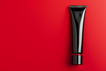 Sleek cosmetic cream tube in a glossy black design against a bold red isolated solid background, reflecting contemporary chic, - obrazy, fototapety, plakaty