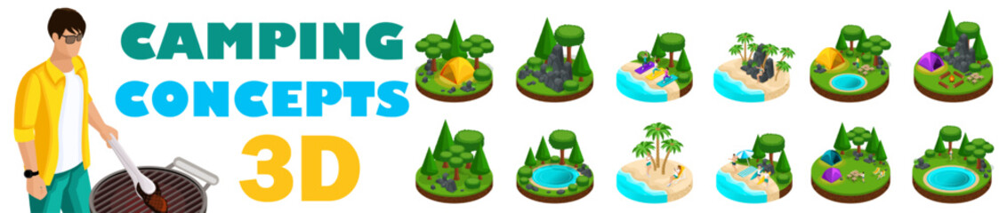 Large set of isometric, 3D concepts, outdoor recreation in the forest, camping. Kayaking, campfire, river, beach, lake
