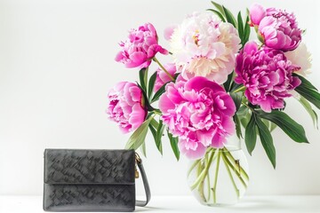 clutch purse resting beside a vase of peonies
