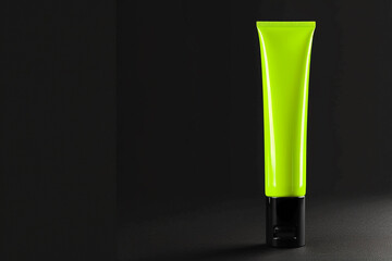 Sleek cosmetic cream tube in a vibrant neon color against a jet black isolated solid background, highlighting the product's striking and bold design,