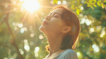 Serene Woman Enjoying the Tranquility of Nature with Sun Flare