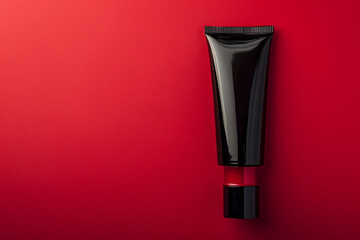 Sleek cosmetic cream tube in a glossy black design against a bold red isolated solid background, reflecting contemporary chic,