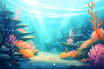 Under sea landscape. Cartoon underwater world with coral reef, fish, sand and plants. Flat ocean sea background