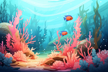 Fototapeta na wymiar Underwater world. Cartoon sea landscape with ocean floor and coral reef, marine fish and plants in ocean water. Flat background