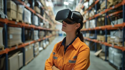 Warehouse worker using a virtual reality headset to visualize logistics operations in a modern storage facility.