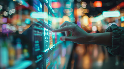 Close-up of a person interacting with futuristic touch screen panels with colorful data and graphics at night.