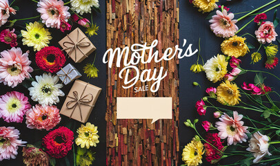 A festive Mother's Day Sale graphic is central on a background with an array of colorful flowers and gift boxes. Room for cropping and additional ad copy  - obrazy, fototapety, plakaty