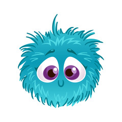 Cute fluffy blue round monster. Alien. Children s cartoon illustration. Space flights, the future. For Halloween, stickers, design elements.
