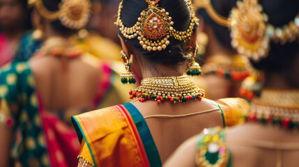 The image captures the intricate hairstyles and traditional jewelry of Indian dancers from behind