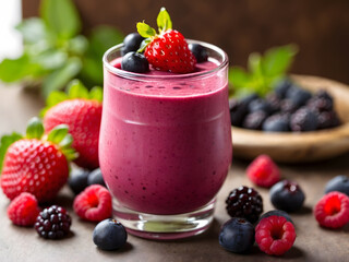 a smoothie with berries and blueberries on a cutting board, a stock photo 