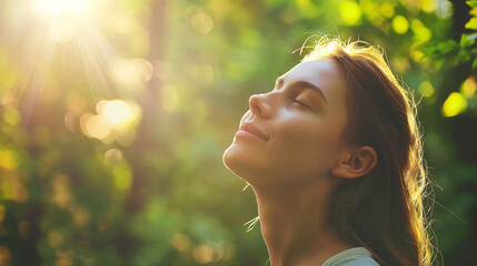 Serene Woman Enjoying the Tranquility of Nature with Sun Flare - obrazy, fototapety, plakaty