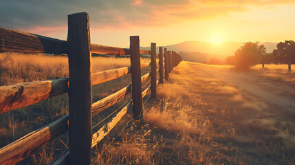 Rustic ranch fence at sunset. Copy Space. - obrazy, fototapety, plakaty