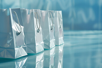 Sleek shopping bags on a clear, blue-tinted surface, conveying a refreshing and clean aesthetic,