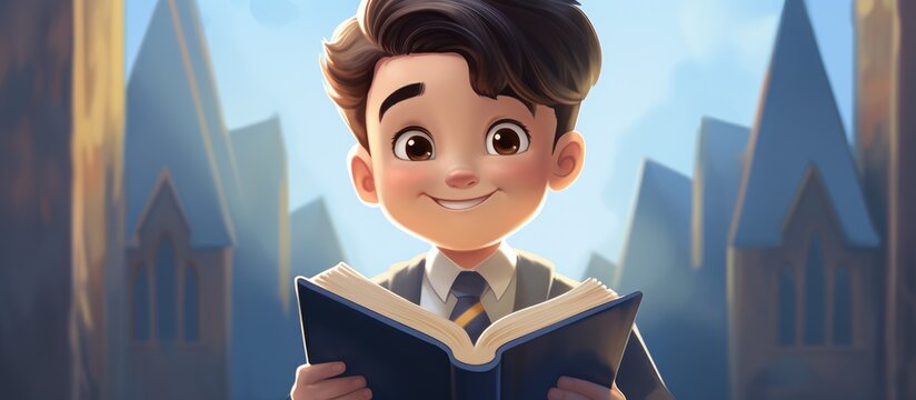 A young boy wearing a suit and tie is happily reading a book, smiling at a cartoon character. He is pleased, gesturing with excitement, with skyscrapers in the background