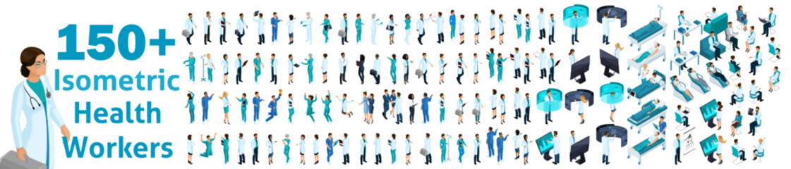 Fototapeta na wymiar Large set of isometric, 3D Health workers, medical staff, nurses, doctors. Recruitment of doctors work with patients