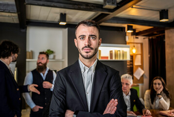 Confident businessman in suit stands poised in a dynamic coworking environment. His focused...